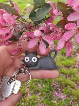 Tiny Chaos Cat keychain photographed under pink blossoms, cute cat keyring lifestyle image