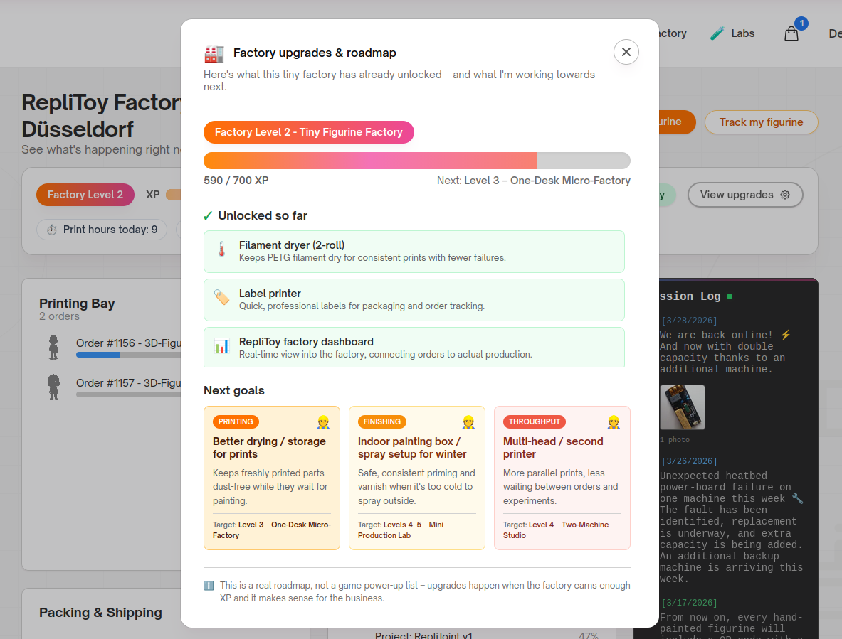 open factory page, replitoy experience and upgrades